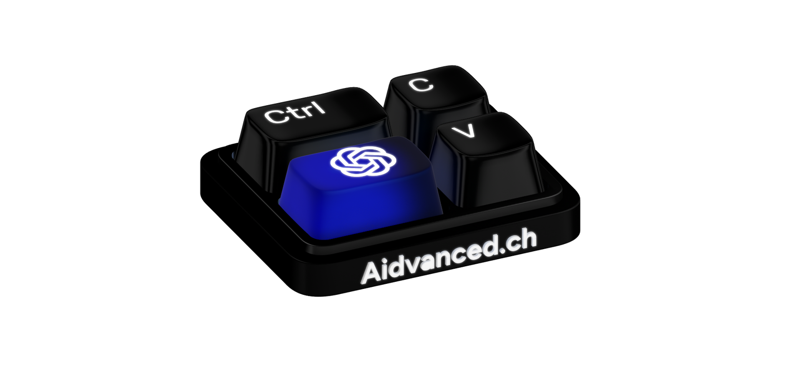 Schwarze Tastatur mit blauer KI-Taste und Aufschrift Aidvanced.ch